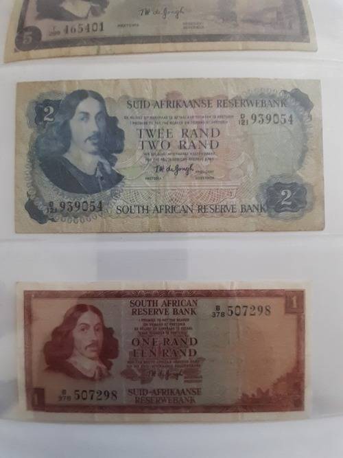 TW de Jongh Set of R1, R2, R5 and R10 South African Banknotes